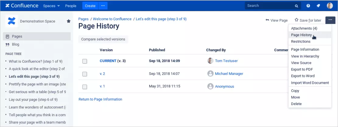 Atlassian Confluence Page History - mithilfe einer Versionierung können Änderungen verfolgt und Versionen wiederhergestellt werden